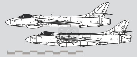 Téléchargez les illustrations : Hawker Hunter. Dessin vectoriel des chasseurs-bombardiers. Vue latérale. Image pour illustration et infographie. - en licence libre de droit