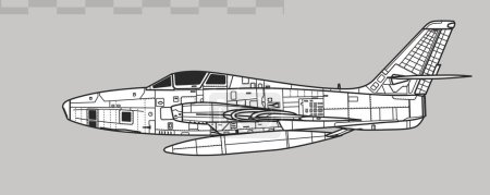 Illustration for Republic RF-84F Thunderflash. Vector drawing of early jet reconnaissance aircraft. Side view. Image for illustration and infographics. - Royalty Free Image