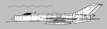 Illustration for Shenyang J-8 I Finback A. Vector drawing of supersonic interceptor. Side view. Image for illustration and infographics. - Royalty Free Image