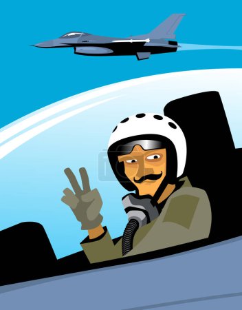 Un pilote sourit dans le cockpit d'un chasseur à réaction. Un personnage de bande dessinée. Image vectorielle pour gravures, affiches et illustrations.