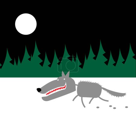 Un lobo gris corre a través de un campo de nieve al borde del bosque. Personaje de dibujos animados. Imagen vectorial para impresiones, póster e ilustraciones.