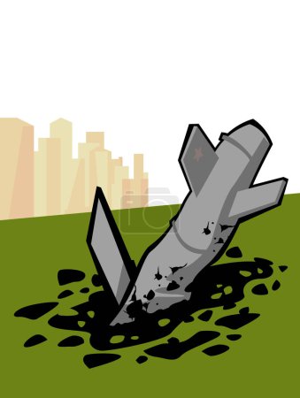 Ilustración de Un misil crucero ruso derribado por defensas aéreas cerca de la ciudad. Imagen vectorial para impresiones, póster e ilustraciones. - Imagen libre de derechos