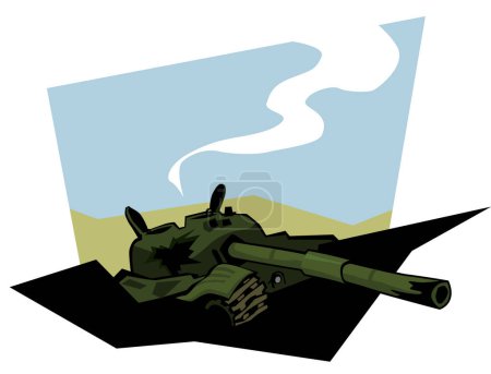 Destroyed russian tank. A tank that was hit by an anti-tank weapon. Abandoned tank on the battlefield. Vector image for prints, poster and illustrations.