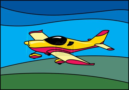 Flugreisen. Ein kleines Propellerflugzeug im Flug. Vektorbild für Drucke, Poster und Illustrationen.