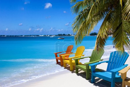 Photo for Color chairs on white sand beach - Royalty Free Image