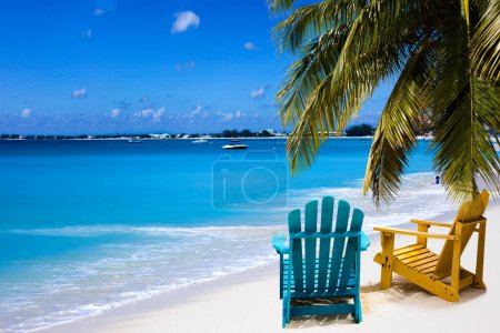 Photo for Color chairs on white sand beach - Royalty Free Image