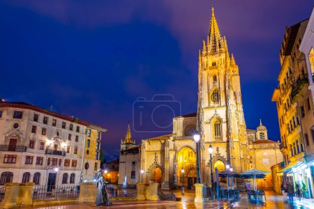 Téléchargez les photos : Vue de nuit de la statue de La Regenta devant la cathédrale métropolitaine de San Salvador d'Oviedo en Espagne. - en image libre de droit