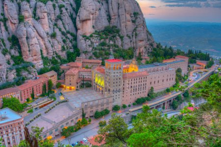 Photo for Sunset panorama view of Santa Maria de Montserrat abbey in Spain. - Royalty Free Image