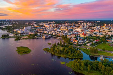 Sunset panorama view of center of Finnish town Oulu.