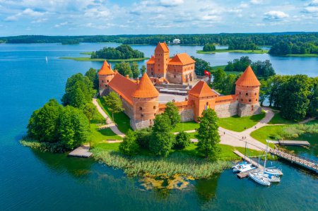 Aerial view of Trakai castle at Galve lake in Lithuania.