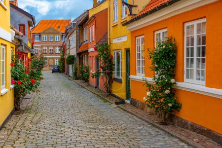 Colorful street in Danish town Faaborg.