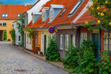 Colorful street in Danish town Faaborg.