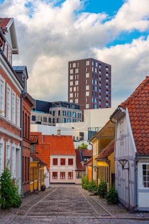 Colorful street in the center of Odense, Denmark.