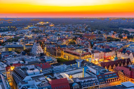 Sunset panorama view of Dresden with Marktplatz square, Germany.