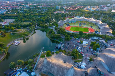 Photo for Sunset aerial view of Olympiapark in German town Munchen. - Royalty Free Image