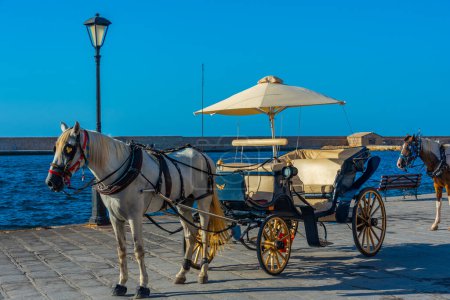 Photo for Horse carriage at the Venetian port of Chania in greece. - Royalty Free Image