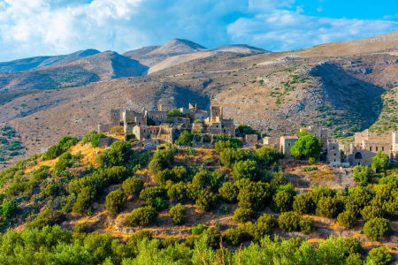 Panorama view of Vathia village at Peloponnese peninsula in Greece.