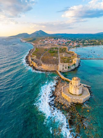 Sunset panorama of Methoni castle in Greece.