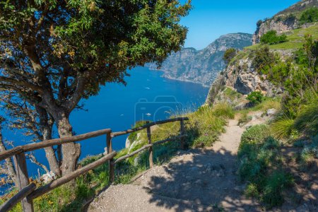 Natural landscape of Costiera Amalfitana coastline viewed from Sentiero degli Dei hiking trail in Italy.