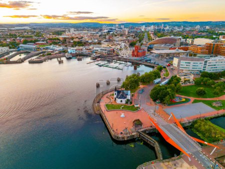 Photo for Sunset panorama view of Cardiff bay in Wales. - Royalty Free Image