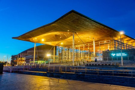 Photo for Sunset of the Senedd in Cardiff, Wales. - Royalty Free Image