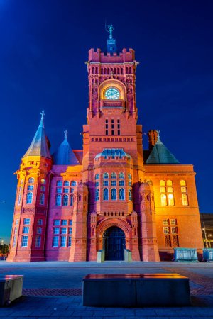 Photo for Night view of the Pierhead building at Cardiff bay in Wales, UK. - Royalty Free Image