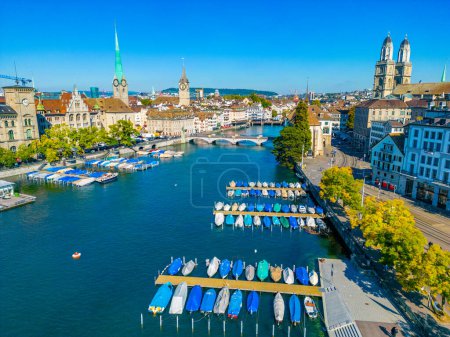Aerial view of riverside of Swiss river Limmat in Zuerich.