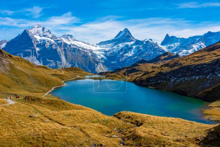 Panorama view of Bachsee in Swiss Alps.