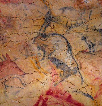Foto de Santillana del Mar, España, 12 de junio de 2022: Pinturas rupestres en la réplica de la cueva de Altamira en Santillana del Mar en España. - Imagen libre de derechos