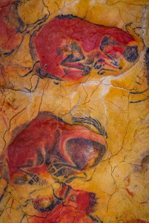 Foto de Santillana del Mar, España, 12 de junio de 2022: Pinturas rupestres en la réplica de la cueva de Altamira en Santillana del Mar en España. - Imagen libre de derechos