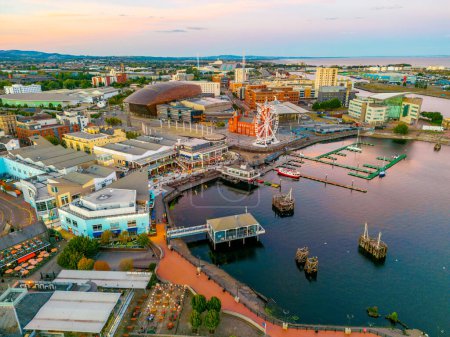 Photo for Cardiff, Wales, September 16, 2022: Sunset panorama view of Cardiff bay in Wales. - Royalty Free Image