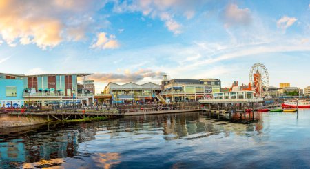 Photo for Cardiff, Wales, September 16, 2022: Sunset skyline of Cardiff bay and Mermaid Quay in Wales, UK. - Royalty Free Image