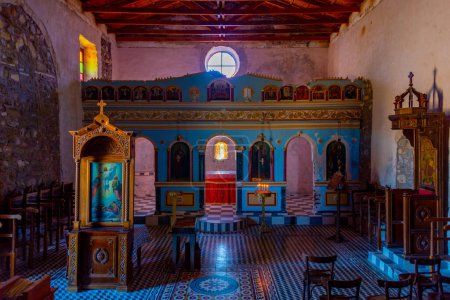 Photo for Methoni, Greece, September 8, 2022: Decorated Metamorphosis Sotiros church at Pilos castle in Greece. - Royalty Free Image