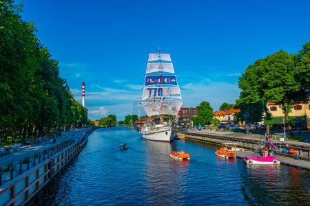 Photo for Klaipeda, Lithuania, July 4, 2022: Historical sailboat Meridian in lithuanian town Klaipeda. - Royalty Free Image