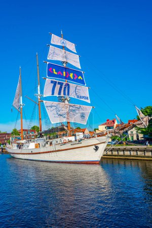 Photo for Klaipeda, Lithuania, July 4, 2022: Historical sailboat Meridian in lithuanian town Klaipeda. - Royalty Free Image