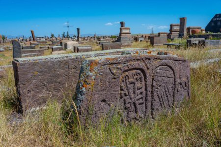 Photo for Noratus cemetery with Khachkars - ancient tombstones in Armenia - Royalty Free Image