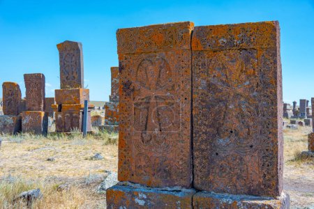 Photo for Noratus cemetery with Khachkars - ancient tombstones in Armenia - Royalty Free Image