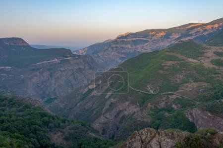 Sunset view of Vorotan river valley on the way to Tatev village in Armenia