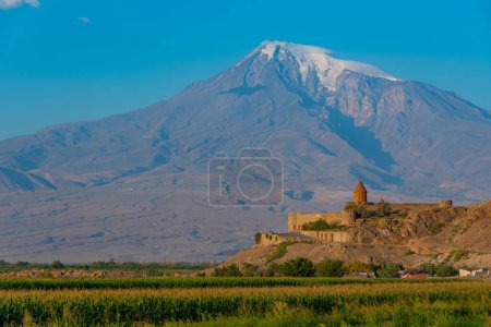 Photo for Sunrise view of Khor Virap Monastery standing in front of Ararat moutain in Armenia - Royalty Free Image
