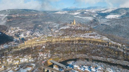 Winter aerial view of Tsarevets fortress in Veliko Tarnovo, Bulgaria