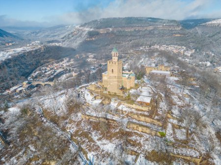 Winter aerial view of Tsarevets fortress in Veliko Tarnovo, Bulgaria