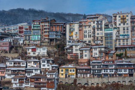 Traditional houses in the old town of Veliko Tarnovo in winter, Bulgaria