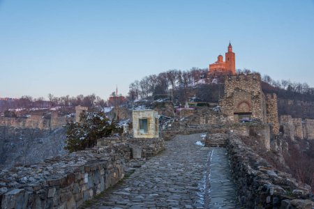 Sunset view of the Tsarevets fortress in Veliko Tarnovo during winter, Bulgaria