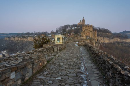 Sunset view of the Tsarevets fortress in Veliko Tarnovo during winter, Bulgaria