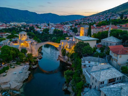 Sunset view of the old Mostar bridge in Bosnia and Herzegovina
