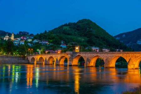 Night view of Mehmed Pasa Sokolovic Bridge in Visegrad, Bosnia and Herzegovina
