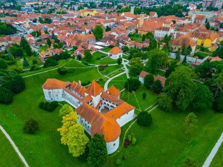 Aerial view of Croatian town Varazdin with white fortress hosting a town museum