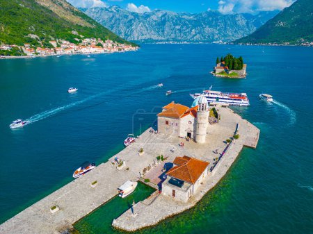 Aerial view of Church of Our Lady of Skrpjela and Saint George Catholic Monastery near Perast in Montenegro