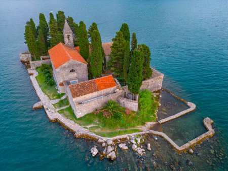 Aerial view of Saint George Catholic Monastery near Perast in Montenegro