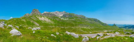 Peaks of Durmitor national park viewed behind a meadow, Montenegro